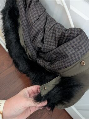 Reserved Olive Green Coat with Black Faux Fur Trim
